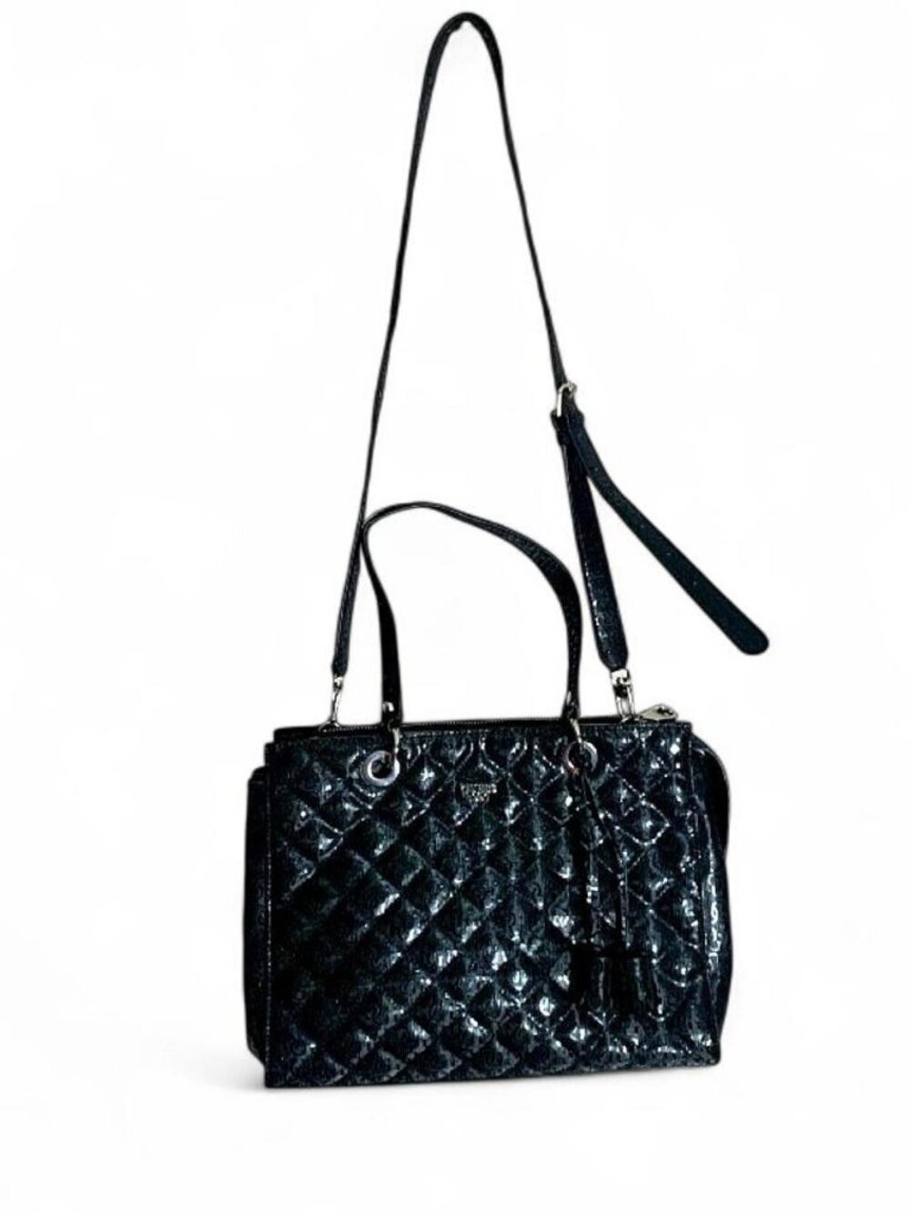 GUESS Black Quilted Patent Satchel Shoulder Tote Bag